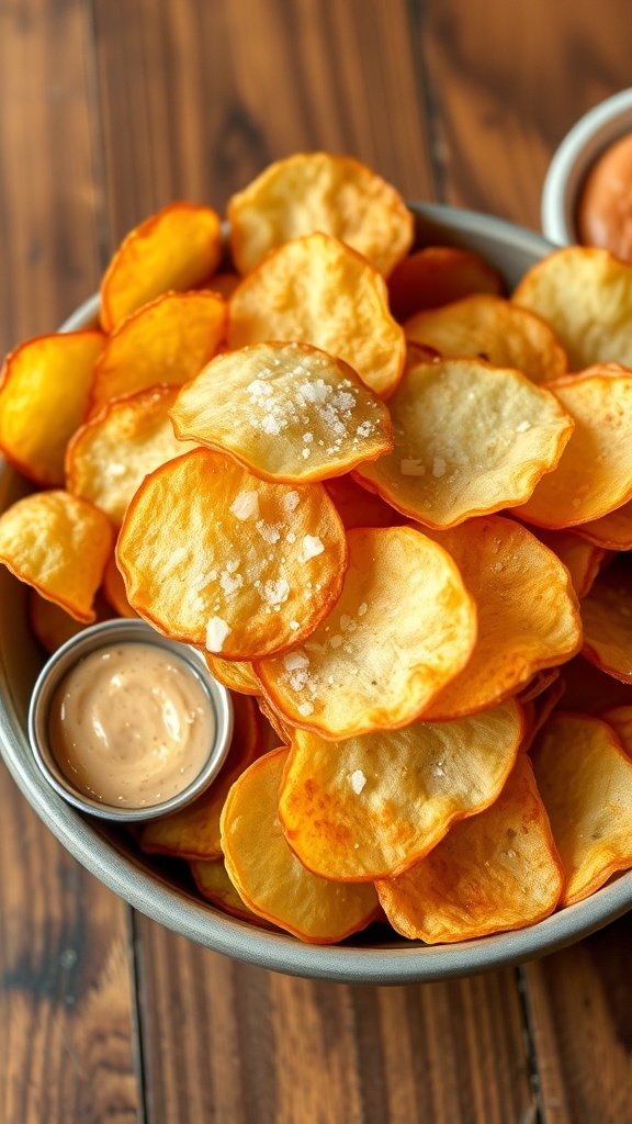 A bowl of golden homemade potato chips with a sprinkle of salt and a dip on the side.
